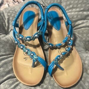 Vittorio D’ Firenze Blue and Tan Beaded Sandals with Ankle Strap made in Italy